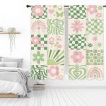 Riyidecor Pink And Green Checkered Pastel Curtains Abstract 70S Danish Retro Cute Checkered Rainbow Plaid Groovy Rod Pocket Wome