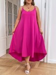 Plus Size Casual Sleeveless Slip Dress - Scoop Neck Polyester Swing Midi Dress With Slight Stretch Solid Color Summer Woven Dres