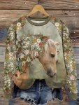 Floral & Horse Print T-Shirt Vintage Long Sleeve Crew Neck Top For Spring & Fall Women's Clothing
