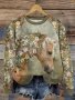 Floral & Horse Print T-shirt Vintage Long Sleeve Crew Neck Top For Spring & Fall Women's Clothing