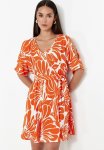 Printed Belted Midi Knit Dress - Orange