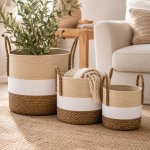Woven Storage Basket Set Set Of 3 Natural White And Brown