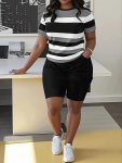 Plus Size Striped Print Two-piece Set Crew Neck Short Sleeve Top & Pocket Shorts Outfits Women's Plus Sizeclothing