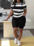 Plus Size Striped Print Two-piece Set Crew Neck Short Sleeve Top & Pocket Shorts Outfits Women's Plus SizeClothing
