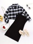 Girls Checkered Pattern Lapel Button Up Long Sleeve Shirtsolid Cami Dress For Spring Summer Outdoor Activities
