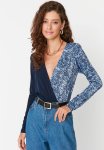 Navy Animal Pattern Double Breasted Snap Knitted Body