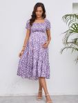 Women's Maternity Flowers Print Midi Dress Slim-fit Short Sleeve Dress For Summer Gender Reveal