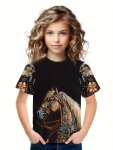 3D Western Style Horse Print Short Sleeve T-Shirt Comfy Breathable Tees For Girls Summer