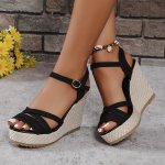 Women's Solid Color Wedge Heeled Sandals Casual Open Toe Platform Shoes Comfortable Buckle Strap Sandals