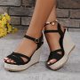 Women's Solid Color Wedge Heeled Sandals Casual Open Toe Platform Shoes Comfortable Buckle Strap Sandals