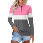 Polo Shirts For Womens V Neck Lapel Long Sleeve Tops With Collar Button Fall Loose Golf Casual Business Tunic BLOUSES3-HOT Pink