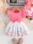 Baby's Flower Butterfly Pattern Bowknot Decor Cap Sleeve Dress Infant & Toddler Girl's Clothing For Summer spring As Gift