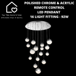 Polished Chrome & Acrylic Remote Control LED Pendant 16 Light Fitting - 92W