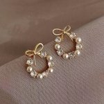Hollow Circle Design With Exquisite Bowknot Shiny Rhinestone Faux Pearl Decor Stud Earrings Elegant Simple Style Alloy Jewelry F