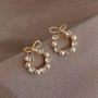 Hollow Circle Design With Exquisite Bowknot Shiny Rhinestone Faux Pearl Decor Stud Earrings Elegant Simple Style Alloy Jewelry Female Gift