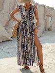 Tribal Print Flutter Sleeve Dress Vacation V-neck Waist Split Hem Dress Women's Clothing