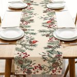 1PC Table Runner Winter Theme Pine Needle Branches Printed Table Runner Pine Cone Cardinal Red Birds Berry Farmhouse Kitchen Din