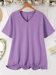 Plus Size Basic Solid V Neck T-Shirt Casual Short Sleeve T-Shirt For Spring & Summer Women's Plus Size Clothing