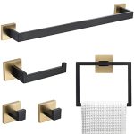 Tnoms 5 Pieces Bathroom Hardware Accessories Set Black And Gold Towel Bar Set Wall Mounted Stainless Steel 23.6 Inch