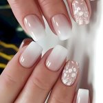 24 Pcs Glossy Medium Square Press On Nails White And Pinkish Gradient False Nails French Style False Nails With Flower Pattern R