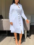 Button Front Collared Solid Dress Casual Long Sleeve Knee Length Dress Women's Clothing