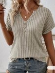 Ribbed Crew Notched T-Shirt Elegant Short Sleeve T-Shirt For Spring & Summer Women's Clothing