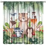 Fblifil Jungle Animals Watercolor Curtains Kids Boys Girls Cartoon Animals Tropical Leaf Printed Rod Pocket Blackout Window Trea