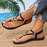 Women's Beaded Thong Sandals Elastic Slip On Lightweight Flat Vacation Shoes Summer Non-slip Beach Shoes