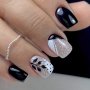 24pcs Glossy Short Square Fake Nails Black Press On Nails With Silvery Glitter Design Full Cover Cute Polka Dot Leaves False Nails For Women