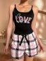 Letter Print Pajama Set Casual Lettuce Trim Round Neck Crop Cami Top & Plaid Shorts Women's Sleepwear