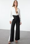Bow Detail Wide Leg Woven Trousers - Black-white