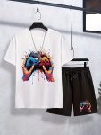 Teen Boys 2PCS Cartoon Colorful Gamepad Print Tee & Comfy Shorts Set Teens Outfit