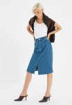 Belt Detailed Slit Midi Denim Skirt - Blue
