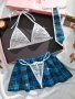 Preppy Plaid Print Uniform Set Floral Lace Triangle Halter Bra & Thong & Skirt & Tie Women's Sexy Lingerie & Underwear