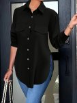 Solid Color Button Front Blouse Elegant Long Sleeve Split Blouse For Spring & Fall Women's Clothing