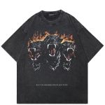 Rapidstreet Men T-Shirt Streetwear Cerberus Dogs Graphic Tee Shirt Washed Black Hipster Xx-large