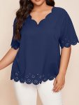 Plus Size Scallop Trim Blouse Casual Cut Out V Neck Short Sleeve Blouse For Spring Women's Plus Sizeclothing