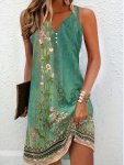 Floral Print Notched Neck Dress Vintage Sleeveless Button Decor Midi Dress For Spring & Summer Women's Clothing