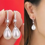 Droplet Faux Pearl Shiny Zirconia Inlaid Dangle Earrings Elegant Simple Style Alloy Jewelry Daily Wear Accessories