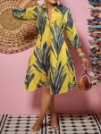 Leaf Print Half Button Dress Casual 3 4 Sleeve Trapeze Dress For Spring & Fall Women's Clothing