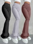 Women's 3PCS High-waist Flare Yoga Pants - Stretchy Slim Fit Casual Bell Bottoms Solid Color All-season Wear