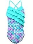One-piece Girls' Mermaid Swimsuit With Lotus Leaf Edge And Fish Scale Print - Perfect For Hot Springs And Beach Sports