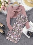 2PCS Solid Color Knotted Long Sleeve Crop Top + Allover Floral Pattern Cami Dress For Girls Casual Daily Dress Summer Gift Girls