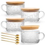 Yory 4-PACK Vintage Glass Mugs With Bamboo Lids And Spoons Coffee Tea Cups Gifts For Women Overnight Oats Containers 14OZ