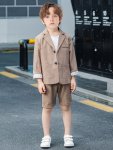 2PCS Boys Formal Gentleman Outfits Long Sleeve Blazer & Shorts Set Boys Clothing Set For Competition Performance Wedding Banquet