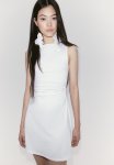 Gathered Dress With Flared Skirt - Cream