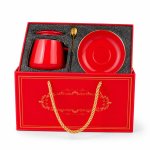 Luxury Red Ceramic Coffee Cup & Saucer Gift Set With Matching Lid Gold Spoon & Premium Presentation Box