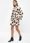 Pleated Neck Swing Dress - Beige & Black