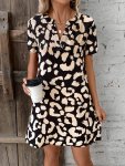 Allover Print V Neck Dress Casual Short Sleeve Dress For Spring & Summer Women's Clothing