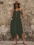 Asymmetrical Hem Spaghetti Strap Dress Casual Solid Color Dual Pockets Sleeveless Backless Loose Dress For Spring & Summer Women